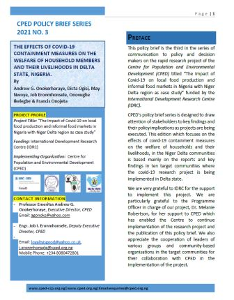 Cped Policy Brief Series 2021 No 3: The Effects Of Covid-19 Containment Measures On The Welfare Of Household Members And Their Livelihoods In Delta State, Nigeria.